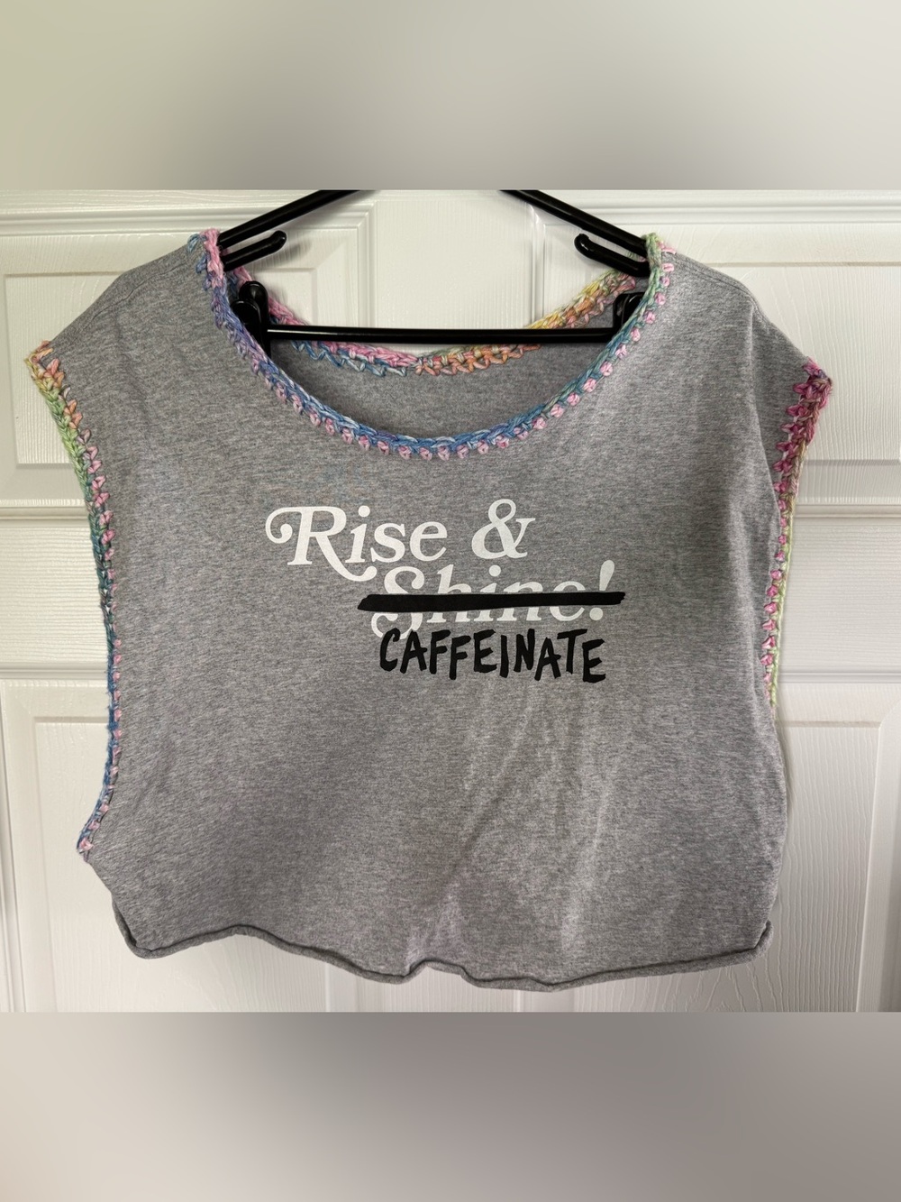 Gray Cropped Tee with "Rise & CAFFEINATE" Graphic
